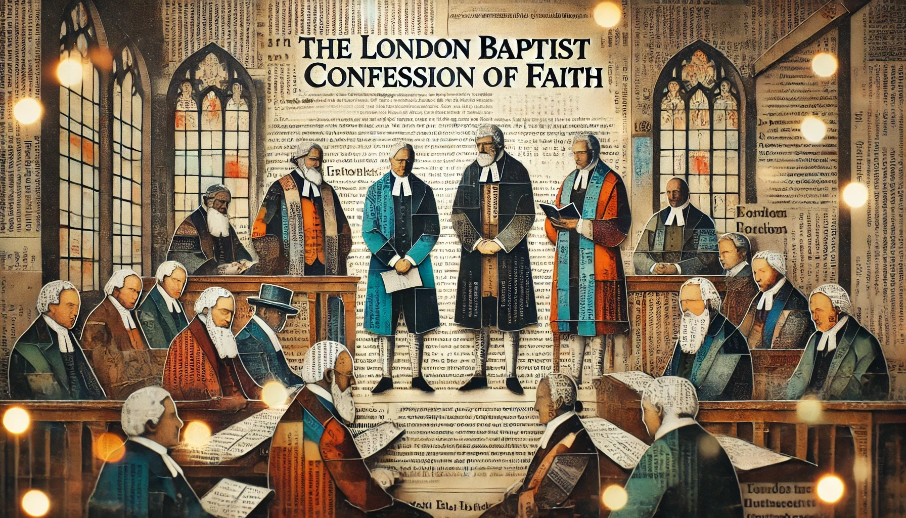 17th century gentleman gathered together in a conference. In the style of a newspaper collage. The text above them, "The London Baptist Confession of Faith."