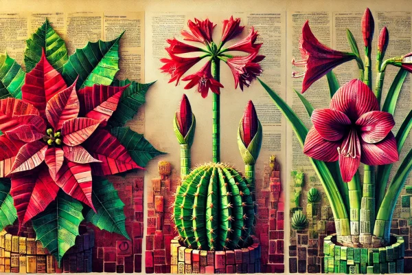 A picture of poinsettias, Christmas cactus, and amaryllis in a newspaper collage.