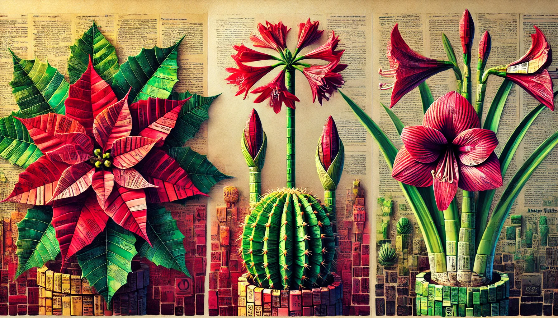 A picture of poinsettias, Christmas cactus, and amaryllis in a newspaper collage.