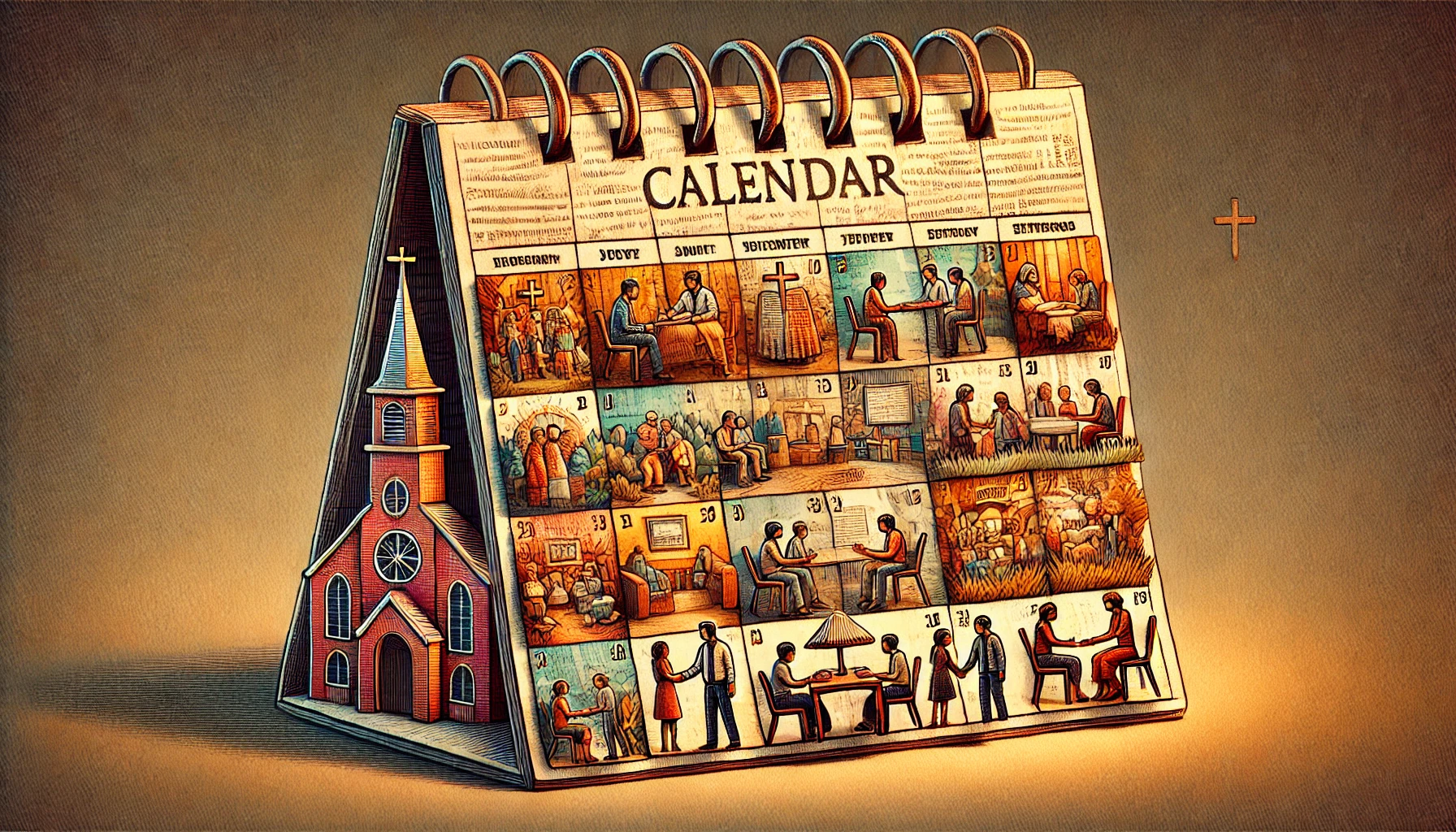 An illustrator calendar with vignettes showing different church events in each week of the month. In the fold of the calendar is a Christian church. The entire style of the image is that of a paper collage.