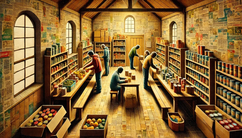 People sorting food in a small food pantry.