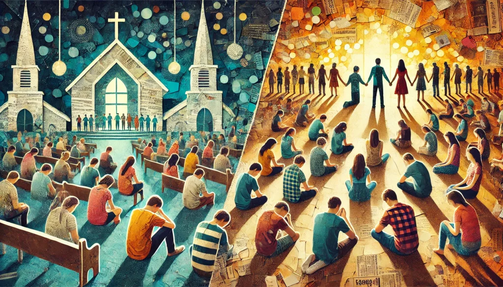 The church gathered together in prayer. Composed in a colorful newspaper collage.