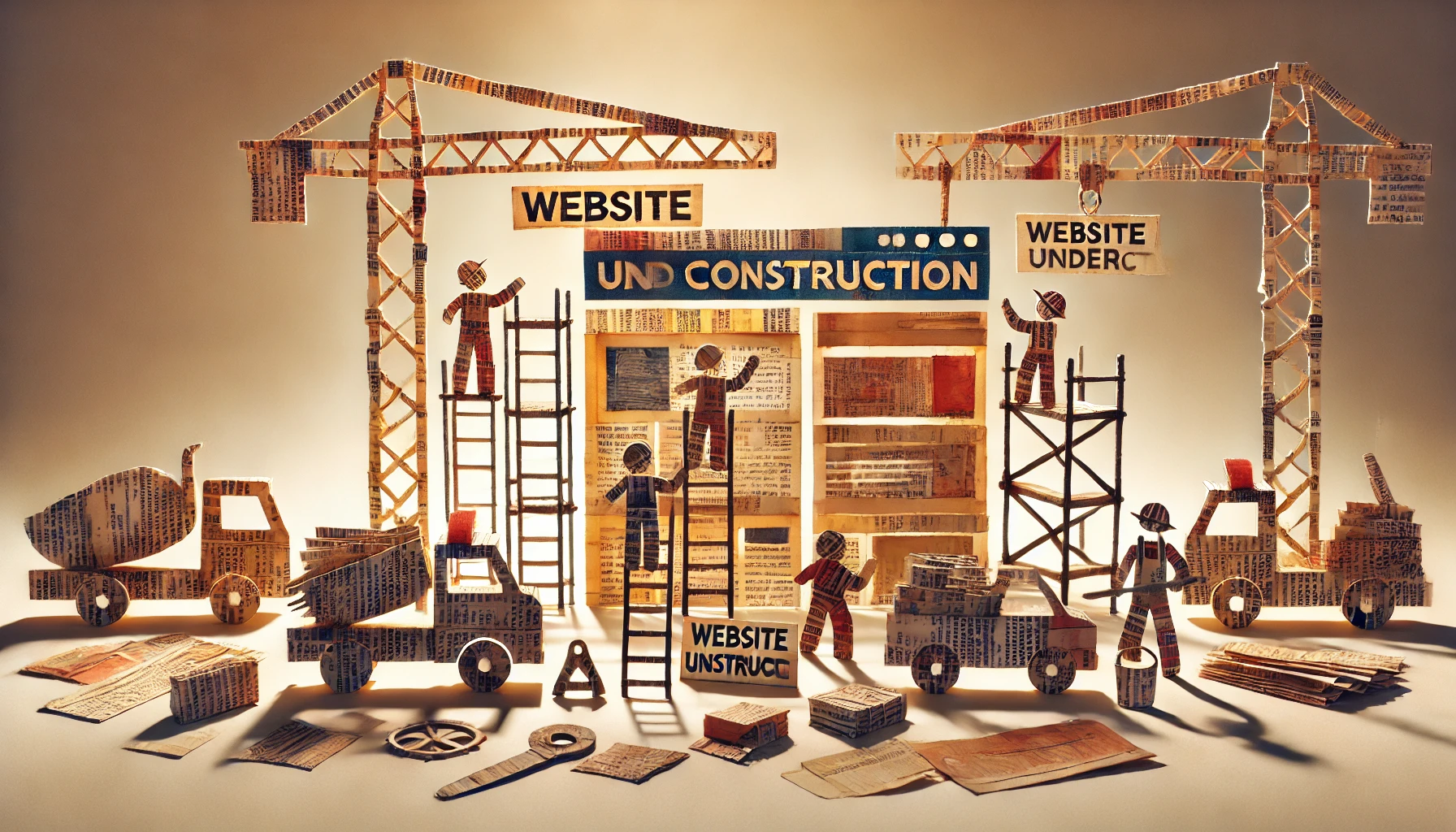 A newspaper collage of a building being constructed with multiple cranes. People working on the building on scaffolds with different tools and trucks positioned around.