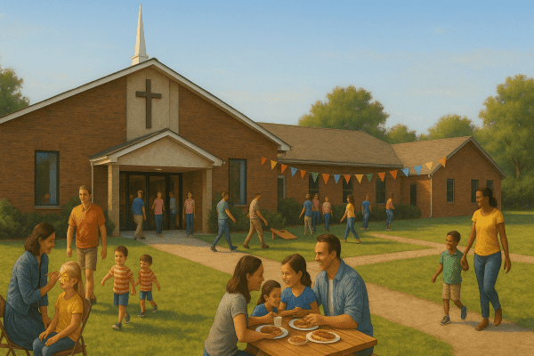 Families and children gather on the lawn in front of a red-brick church for a summer block party, with face painting, picnic tables, outdoor games, and colorful pennant banners on a sunny afternoon.